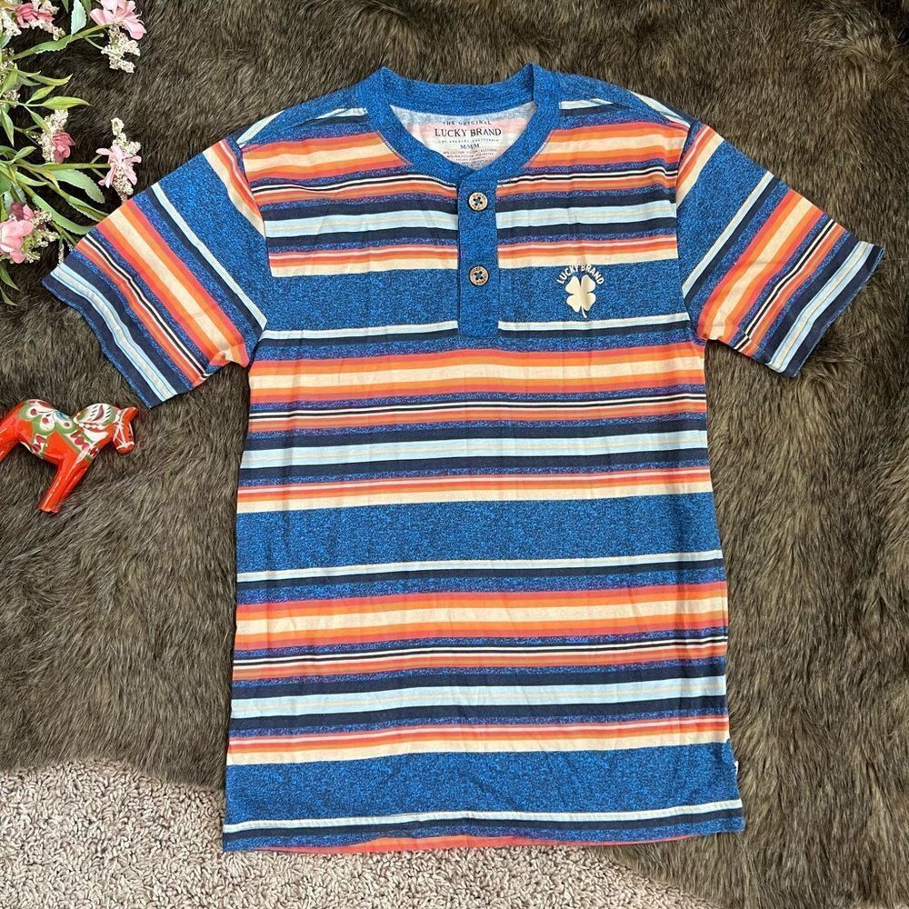 Lucky Brand Blue Orange Stripe Henley Tee Shirt Boys Sz‎ M Still On Website